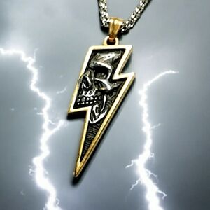 NEW Stainless Steel Edgy Gold, Silver and Black Skull Lightning Pendant Necklace